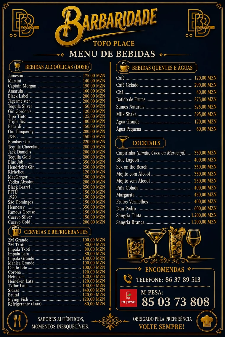 Pré-visualização do menu de bebidas