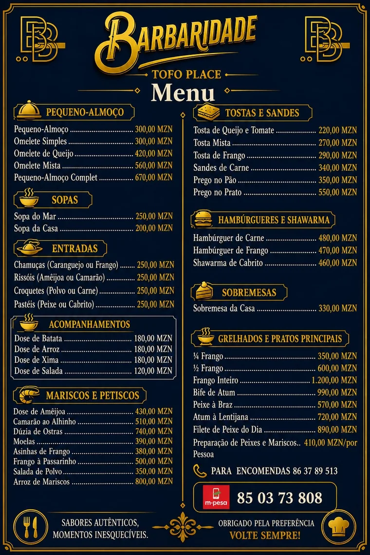 Pré-visualização do menu de comida