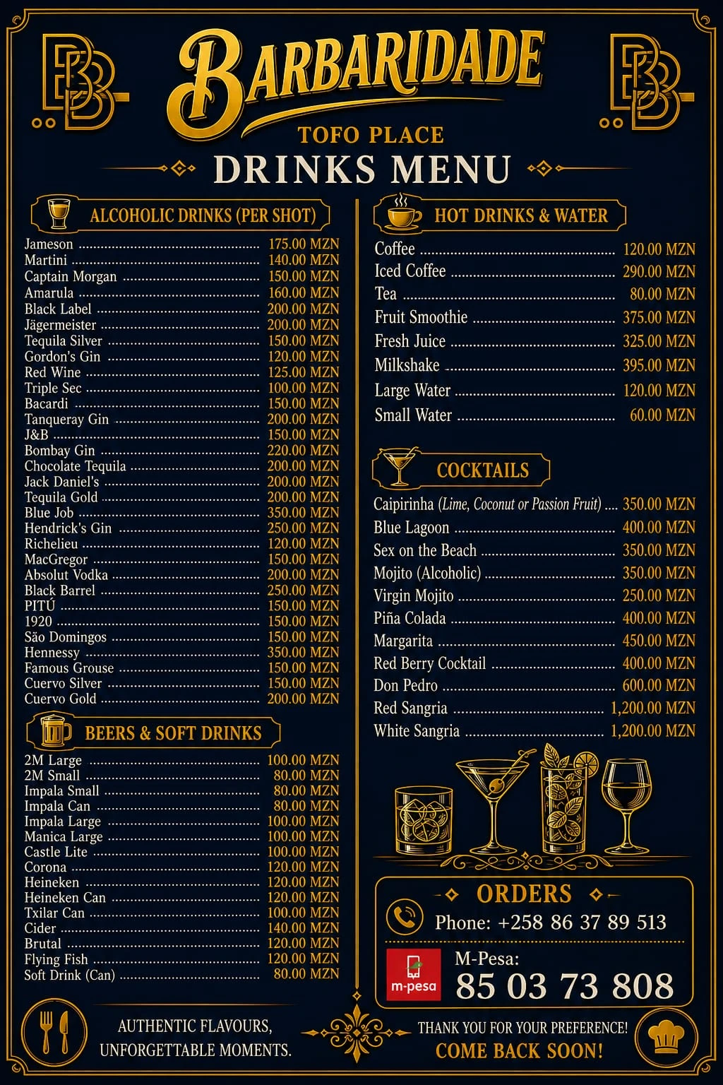 English drinks menu for Barbaridades restaurant